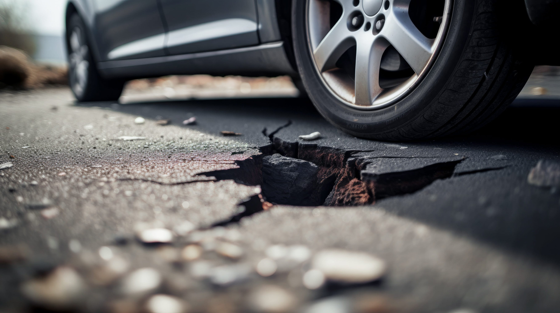 Kátyúba hajtó autó, ami futómű-beállítás hibát okozhat és gumikopáshoz vezethet
